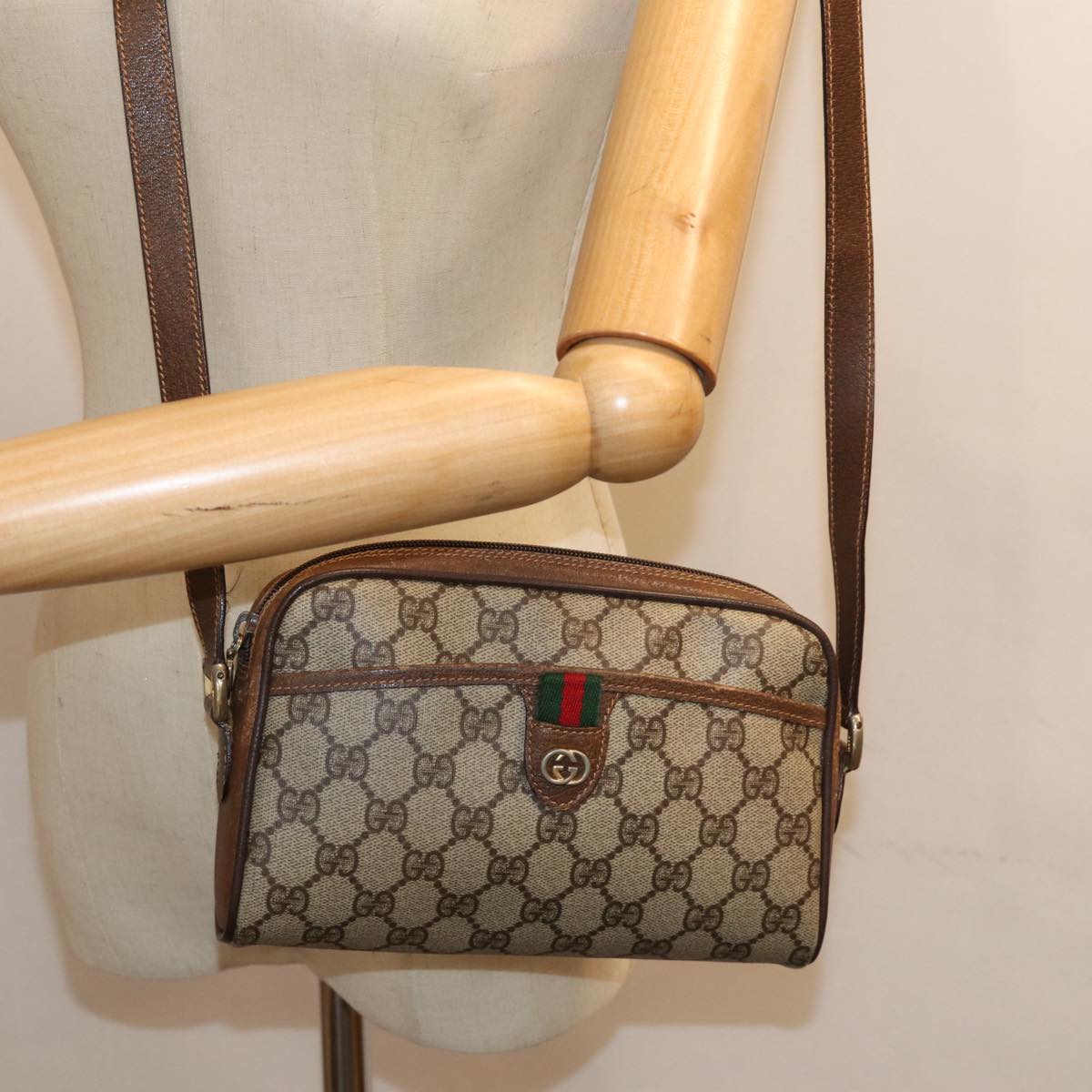 GUCCI GG Supreme Web Sherry Line Shoulder Bag PVC Beige 156 02 089 yk12027