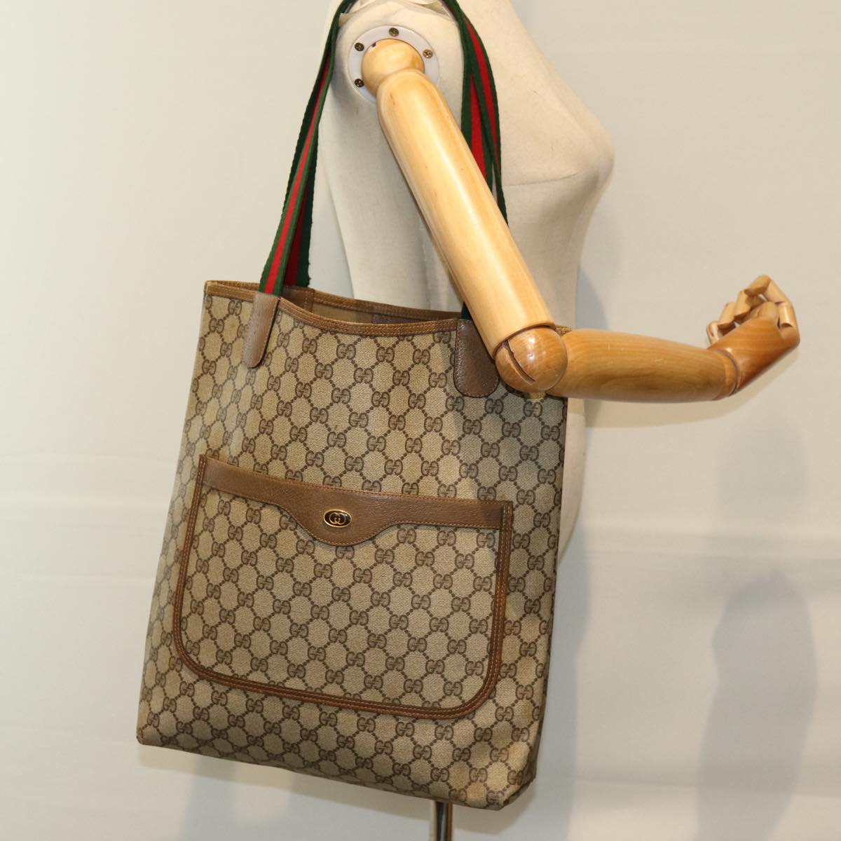 GUCCI GG Supreme Web Sherry Line Tote Bag Beige Red Green 39 02 003 yk12080