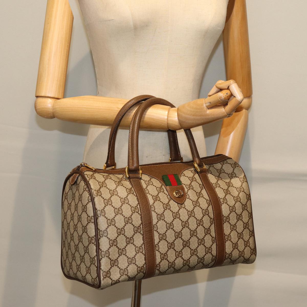 GUCCI GG Supreme Web Sherry Line Boston Bag PVC Beige Red 40 02 007 yk12310