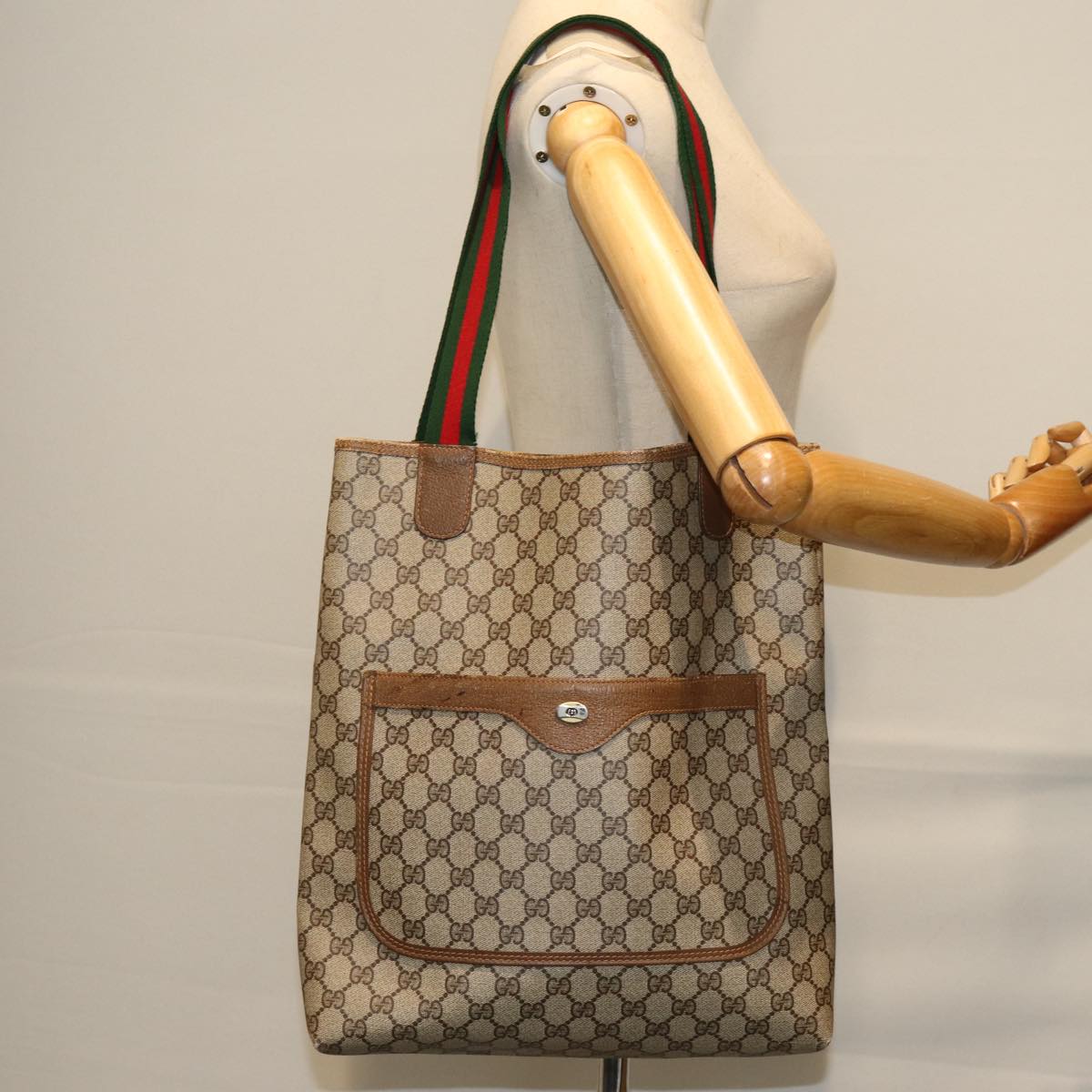 GUCCI GG Supreme Web Sherry Line Tote Bag PVC Beige Red 39 02 003 yk12333