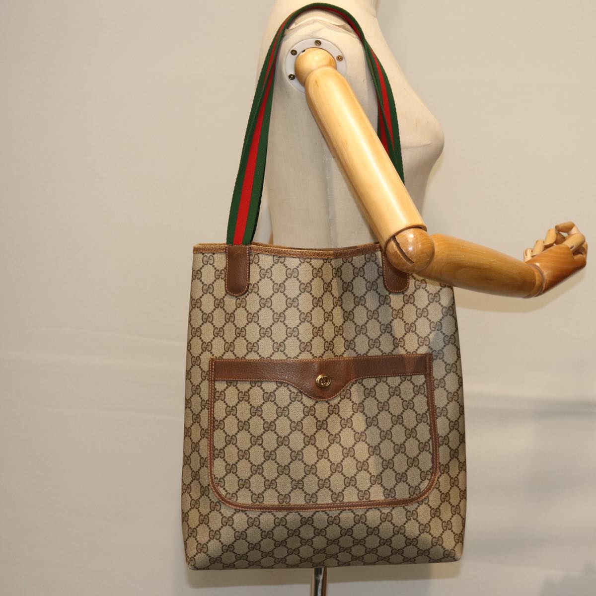 GUCCI GG Supreme Web Sherry Line Tote Bag PVC Beige Red 89 02 003 yk12338