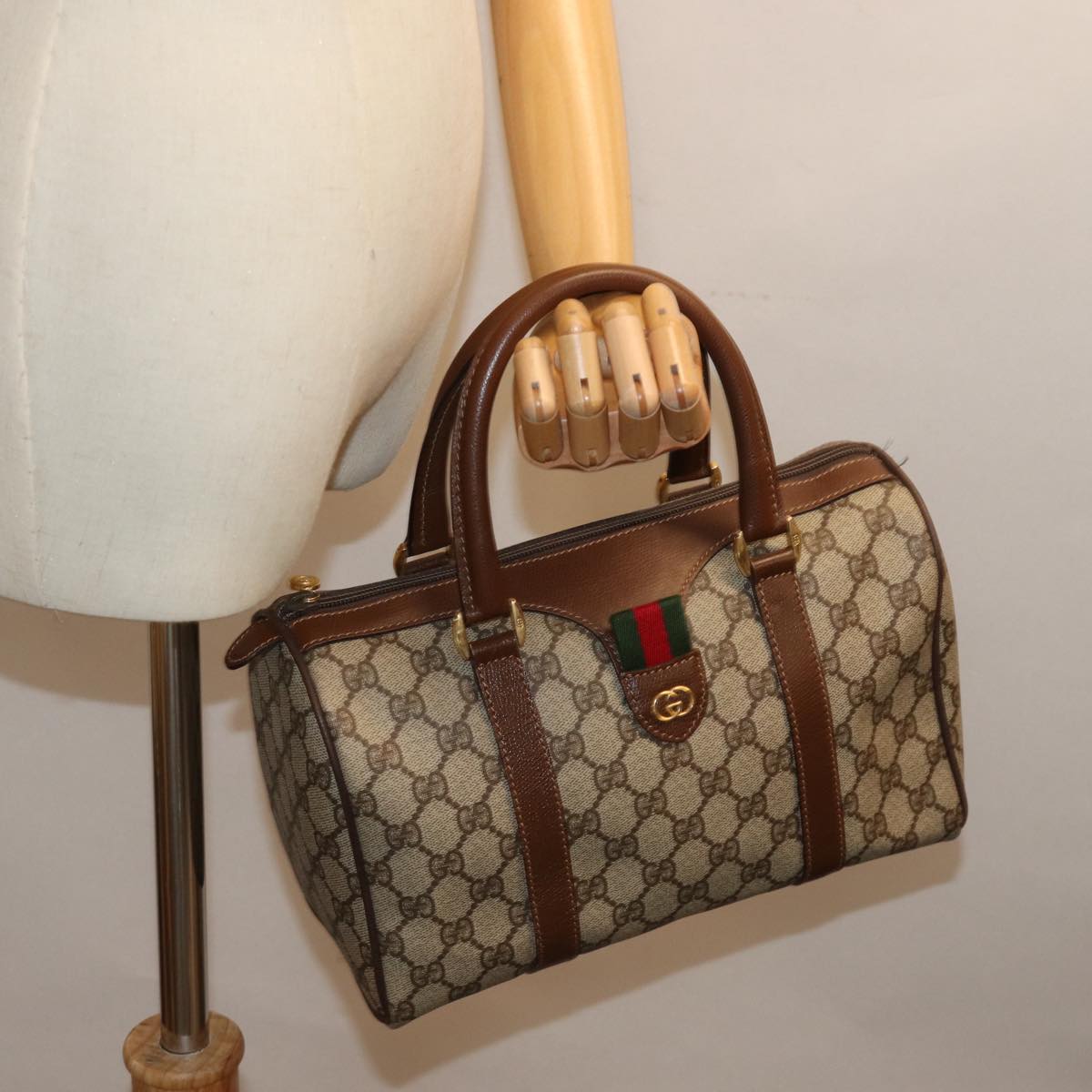 GUCCI GG Supreme Web Sherry Line Boston Bag PVC Beige Red Green yk12393