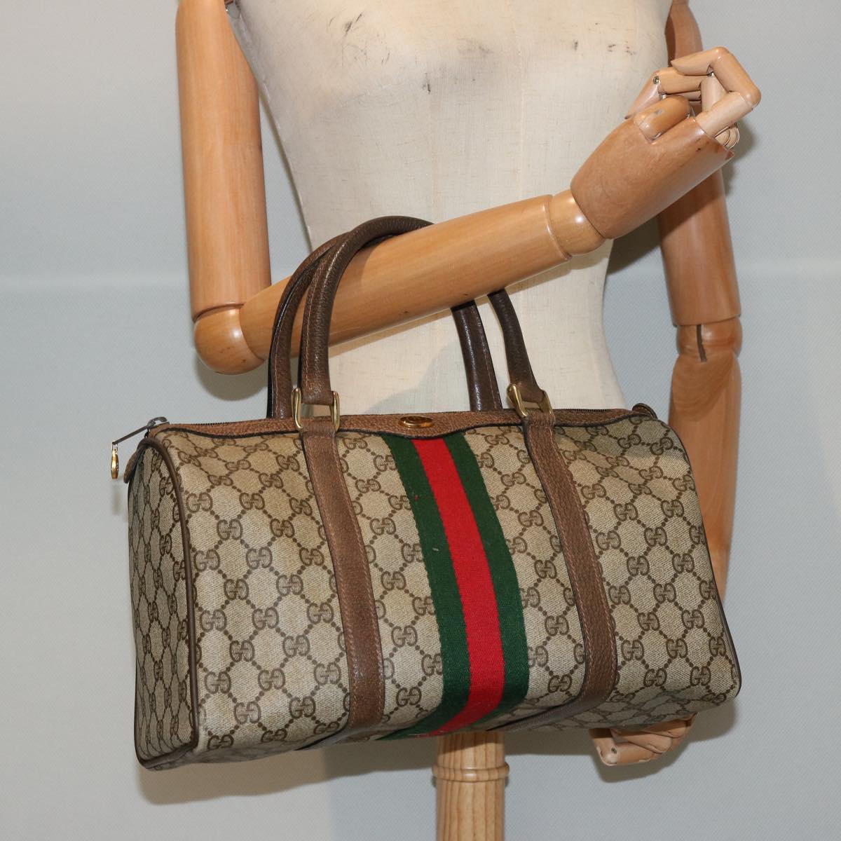 GUCCI GG Supreme Web Sherry Line Boston Bag PVC Beige Red Green yk12659
