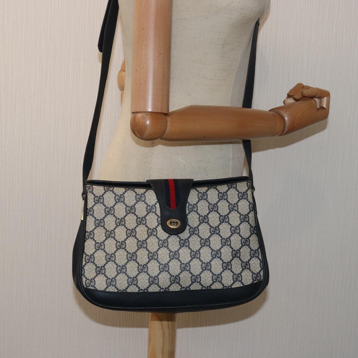 GUCCI GG Supreme Sherry Line Shoulder Bag PVC Navy Red 116 02 076 yk13428