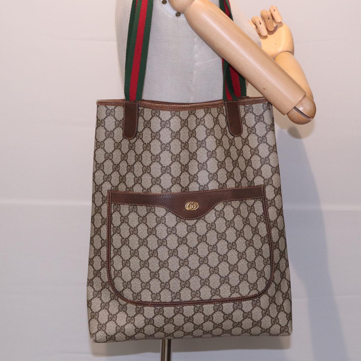 GUCCI GG Canvas Web Sherry Line Tote Bag PVC Leather Beige Green yk13433