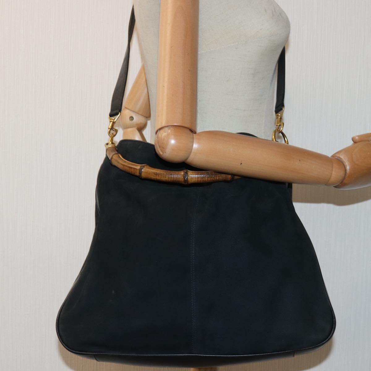 GUCCI Bamboo Hand Bag Suede 2way Black 001 14 1577 yk13644
