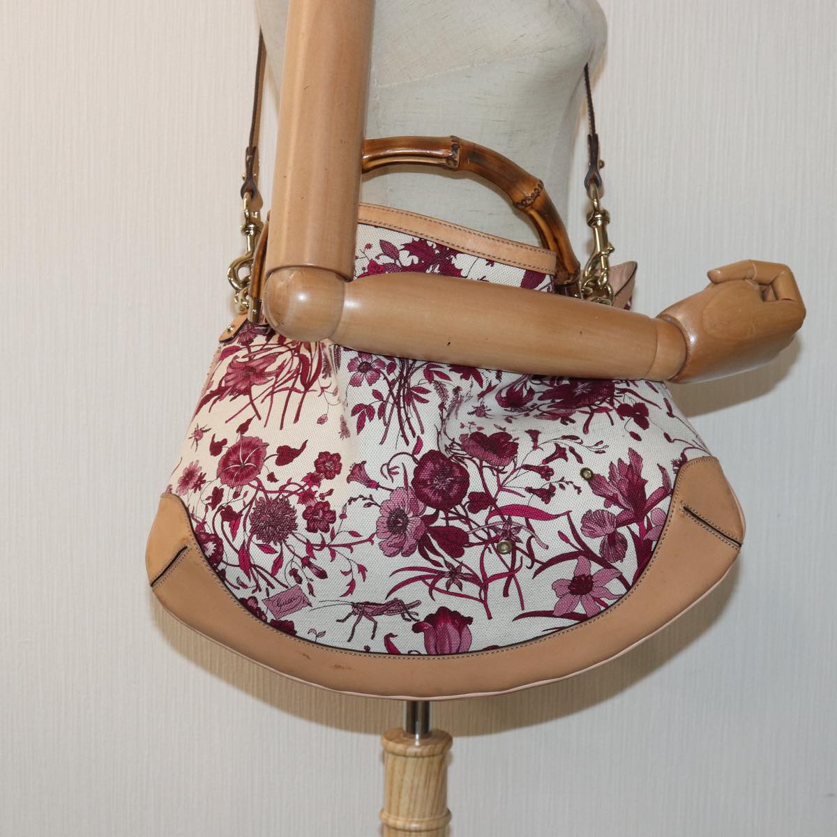GUCCI Bamboo Flora Hand Bag Canvas 2way Pink 169961 yk13691