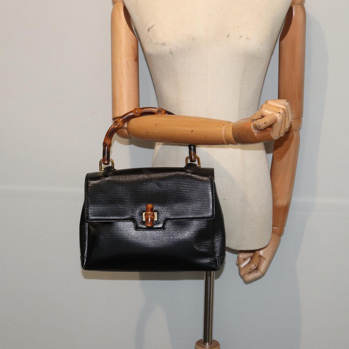 GUCCI Bamboo Hand Bag Patent leather Black yk13994