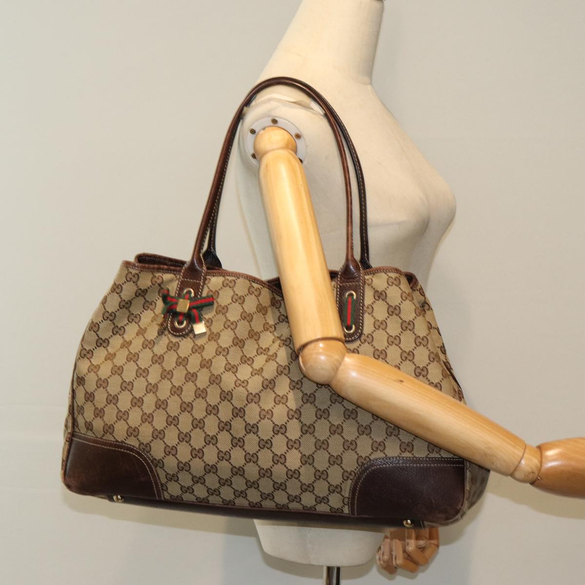 GUCCI GG Canvas Web Sherry Line Tote Bag Beige Red Green 161719 yk14102