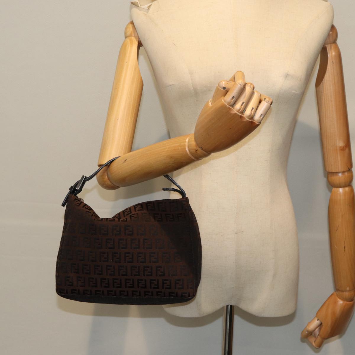 FENDI Zucchino Canvas Hand Bag Brown Black Silver yk14209