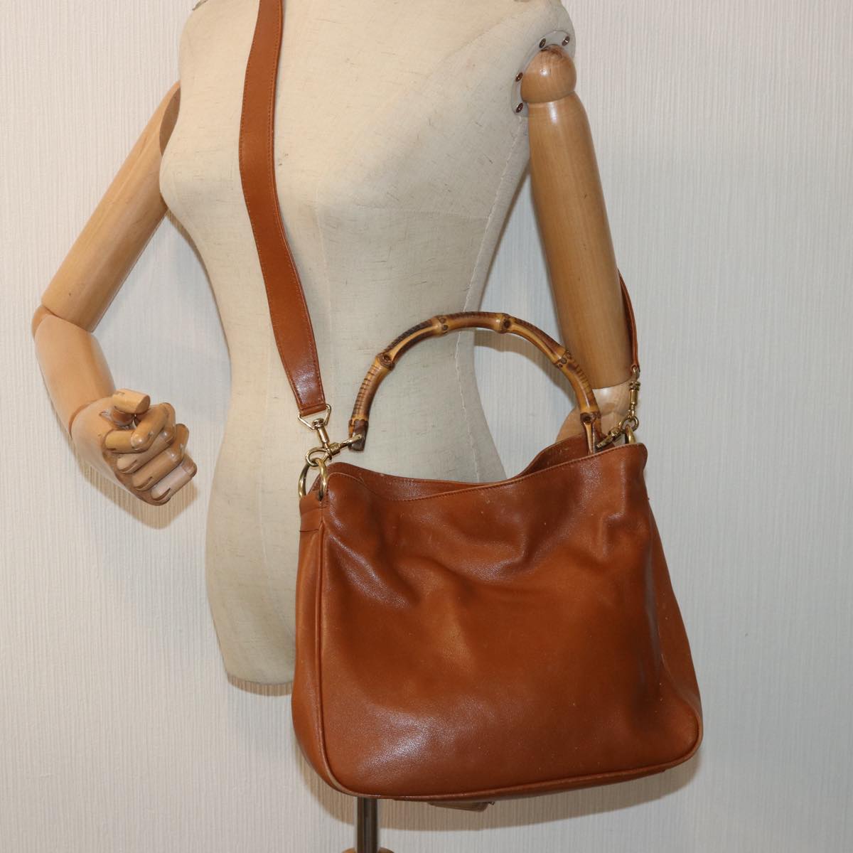 GUCCI Bamboo Hand Bag Leather 2way Brown Gold 001 1705 1638 yk14231