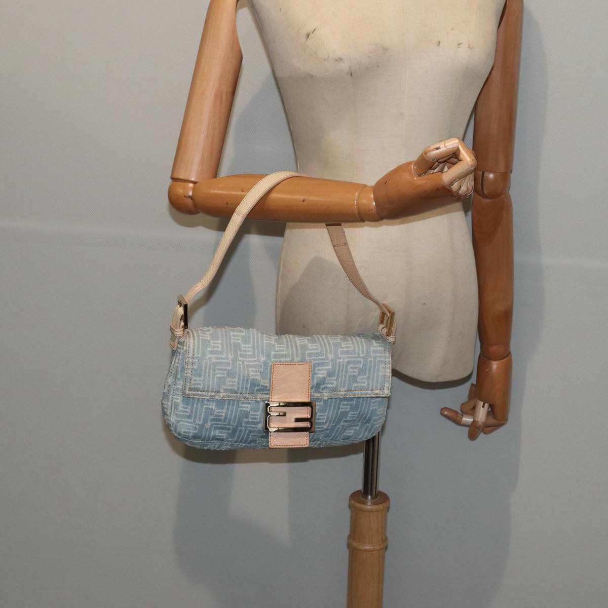 FENDI Zucca Canvas Mamma Baguette Shoulder Bag Denim Blue Gold yk14276A