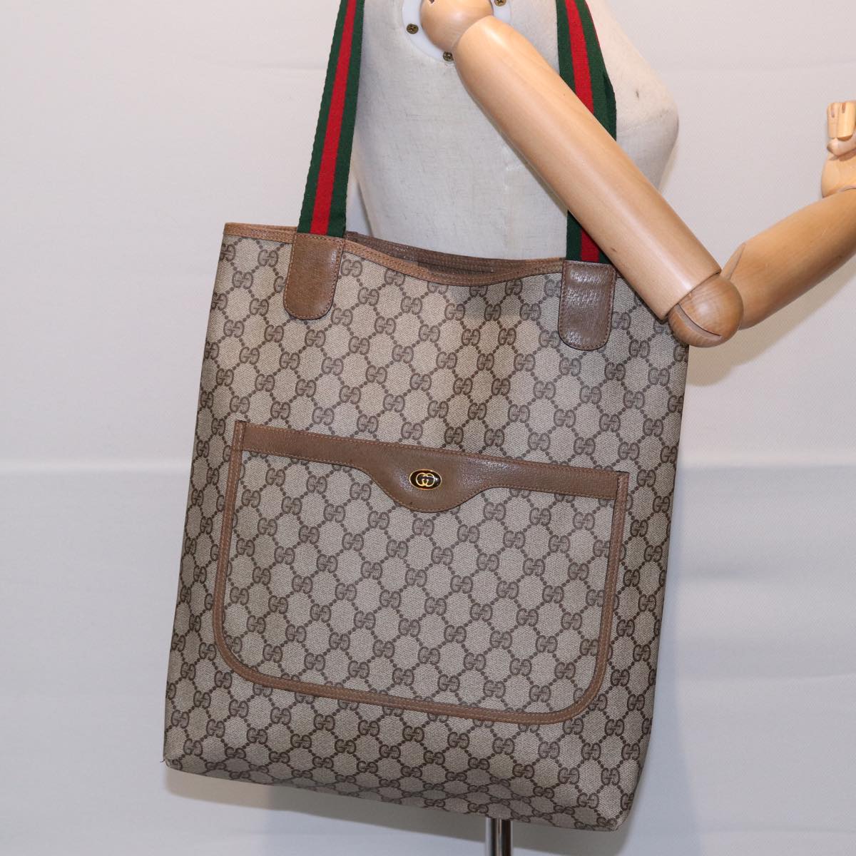 GUCCI GG Supreme Web Sherry Line Tote Bag PVC Beige Red 39 02 003 yk14357
