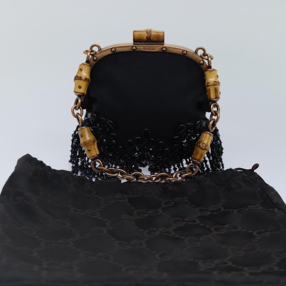 GUCCI Bamboo Beads Chain Purse Pouch Canvas Black 125587 yk14373