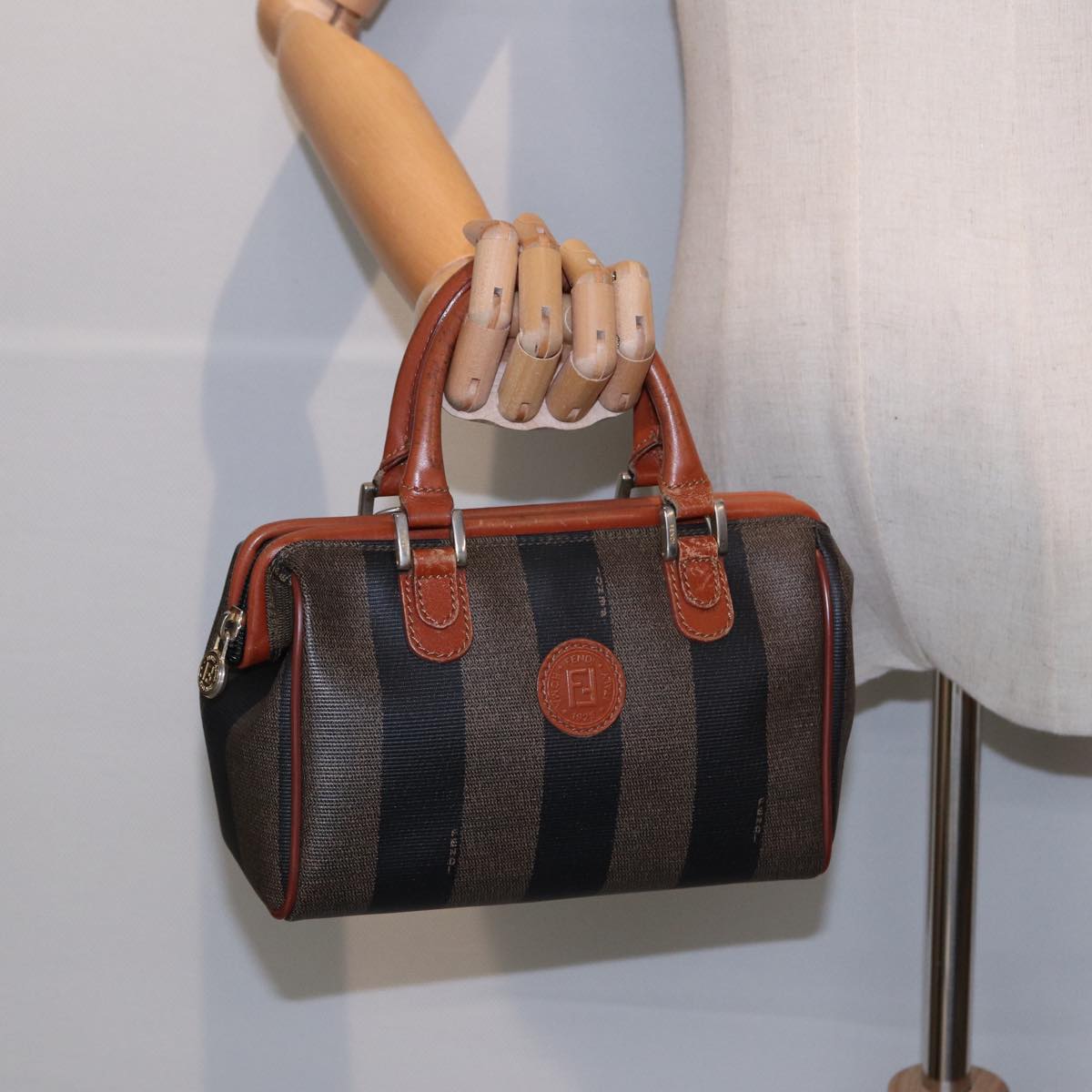 FENDI Pecan Canvas Mini Hand Bag Brown Black gold yk14400