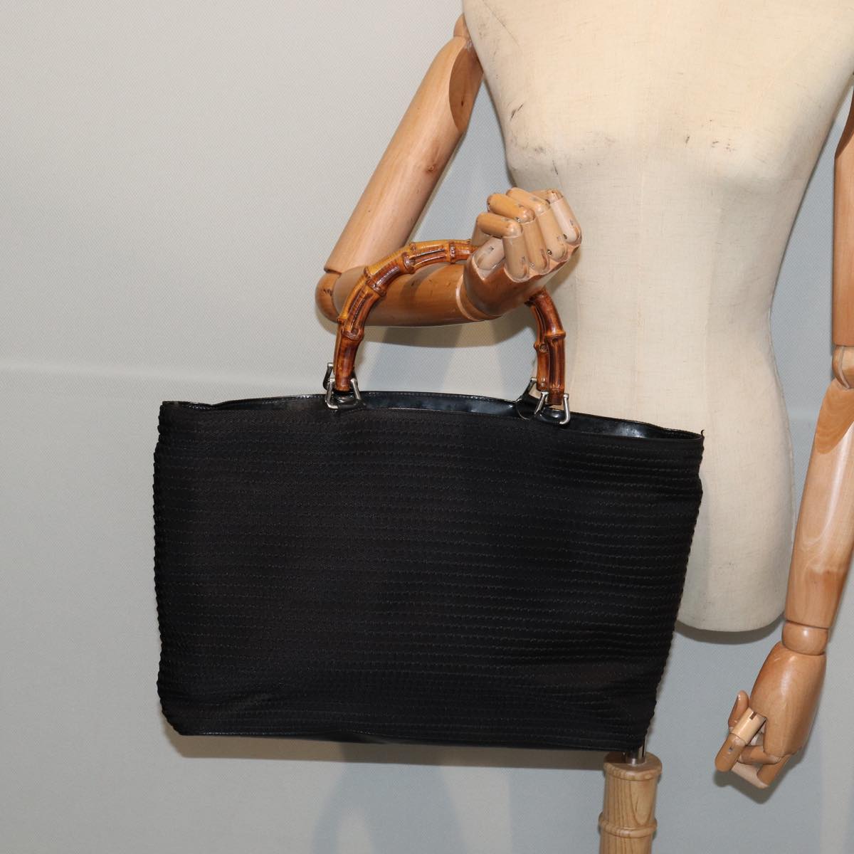 GUCCI Bamboo Hand Bag Nylon Black Silver yk14441