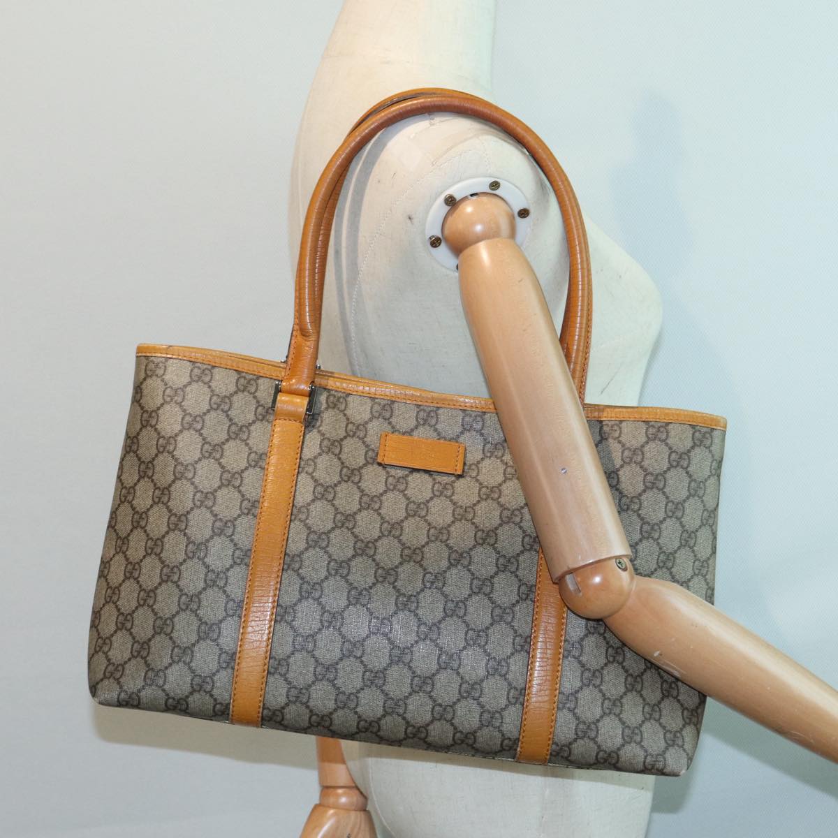GUCCI GG Supreme Tote Bag PVC Leather Beige Silver 111595 yk14481