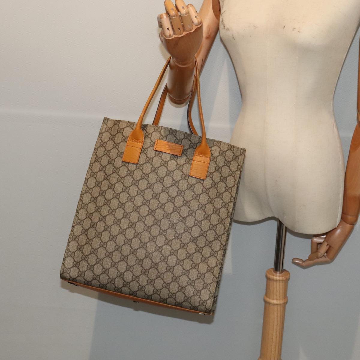 GUCCI GG Supreme Tote Bag PVC Leather Beige Silver 91249 yk14485