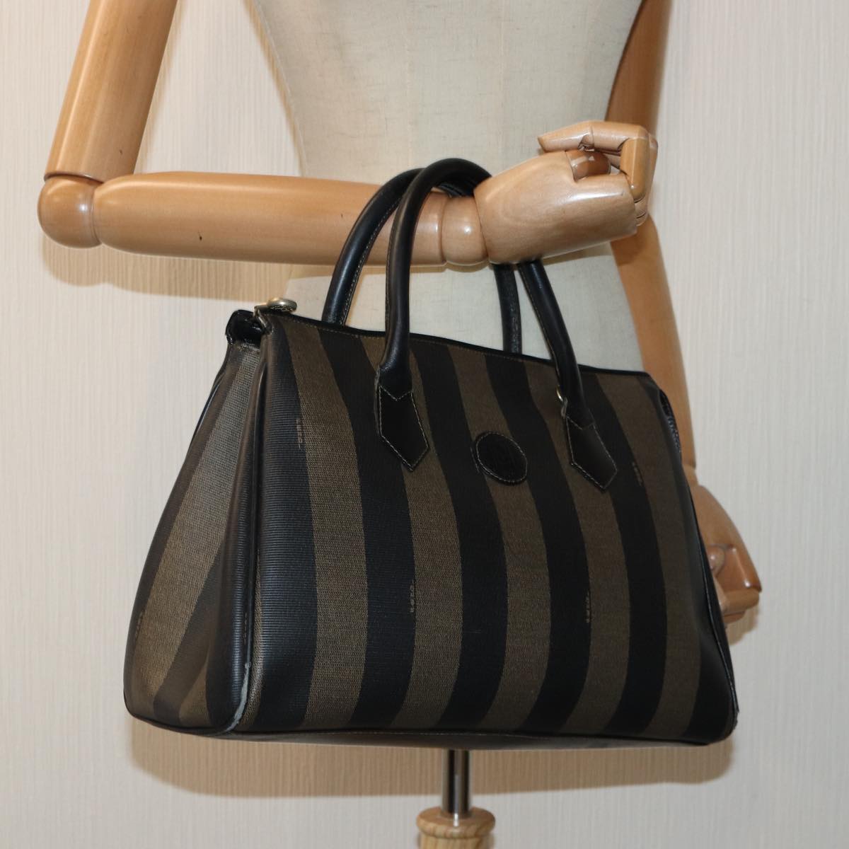 FENDI Pecan Canvas Hand Bag Brown Black gold yk14550