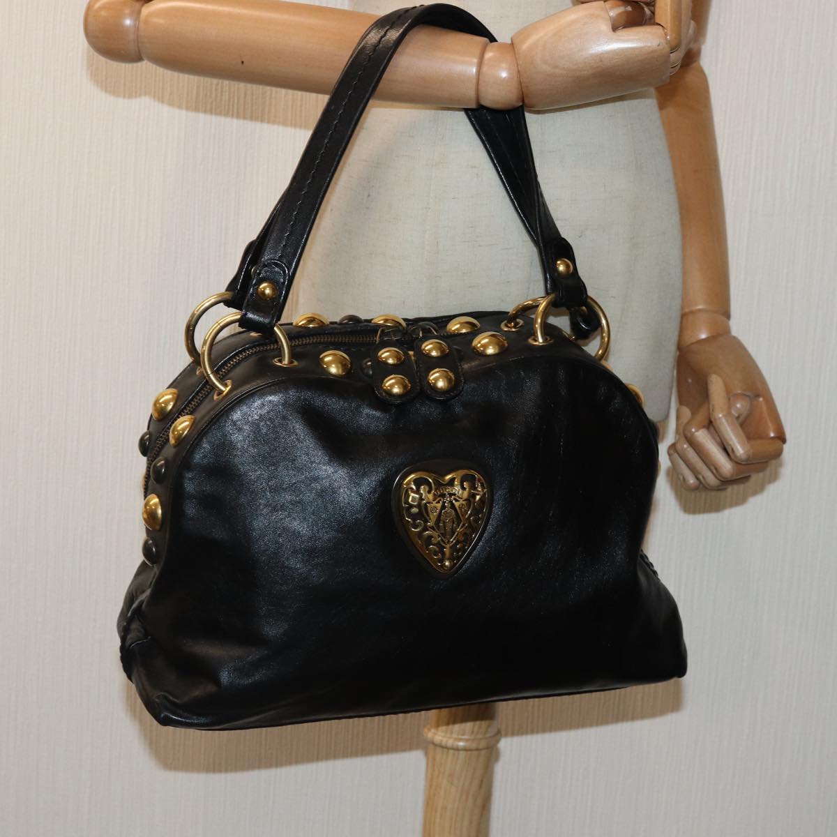 GUCCI Histeria Hand Bag Leather Black Gold 209600 yk14631
