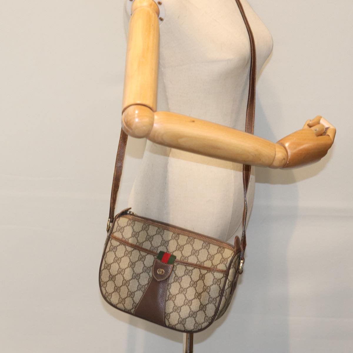 GUCCI GG Supreme Web Sherry Line Shoulder Bag PVC Beige Red Green yk14694