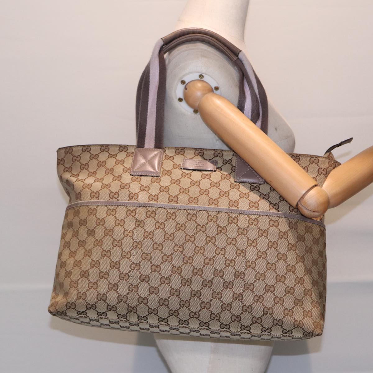 GUCCI GG Canvas Sherry Line Tote Bag Beige Gold pink 155524 yk14708