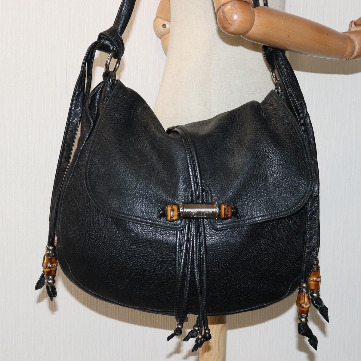 GUCCI Bamboo Shoulder Bag Leather Black Silver 232940 yk14720