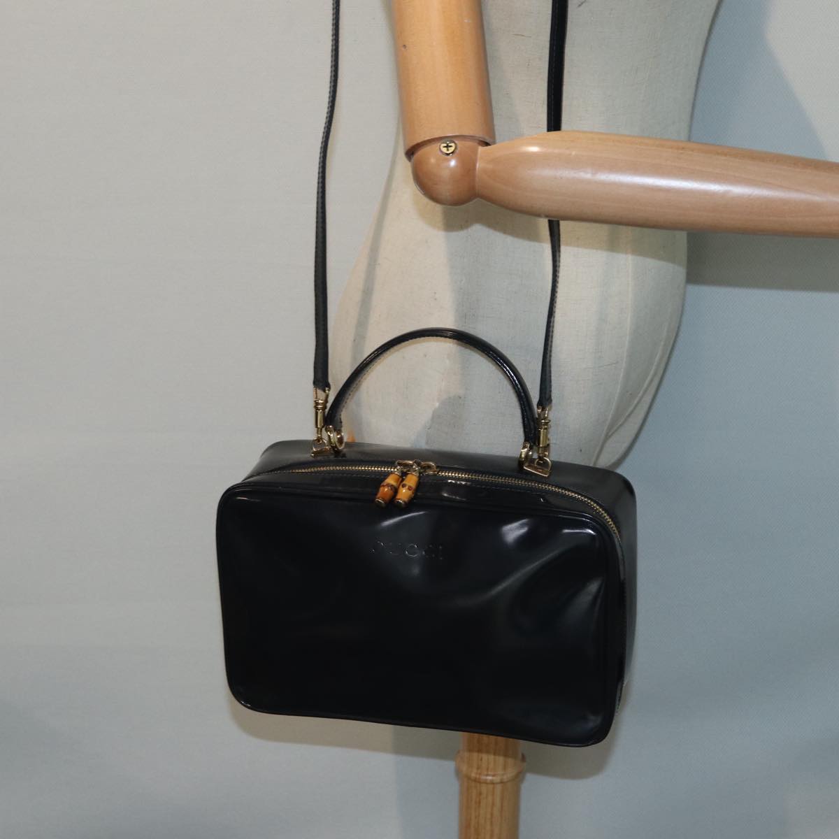 GUCCI Bamboo vanity Hand Bag Patent leather 2way Black Gold yk14795