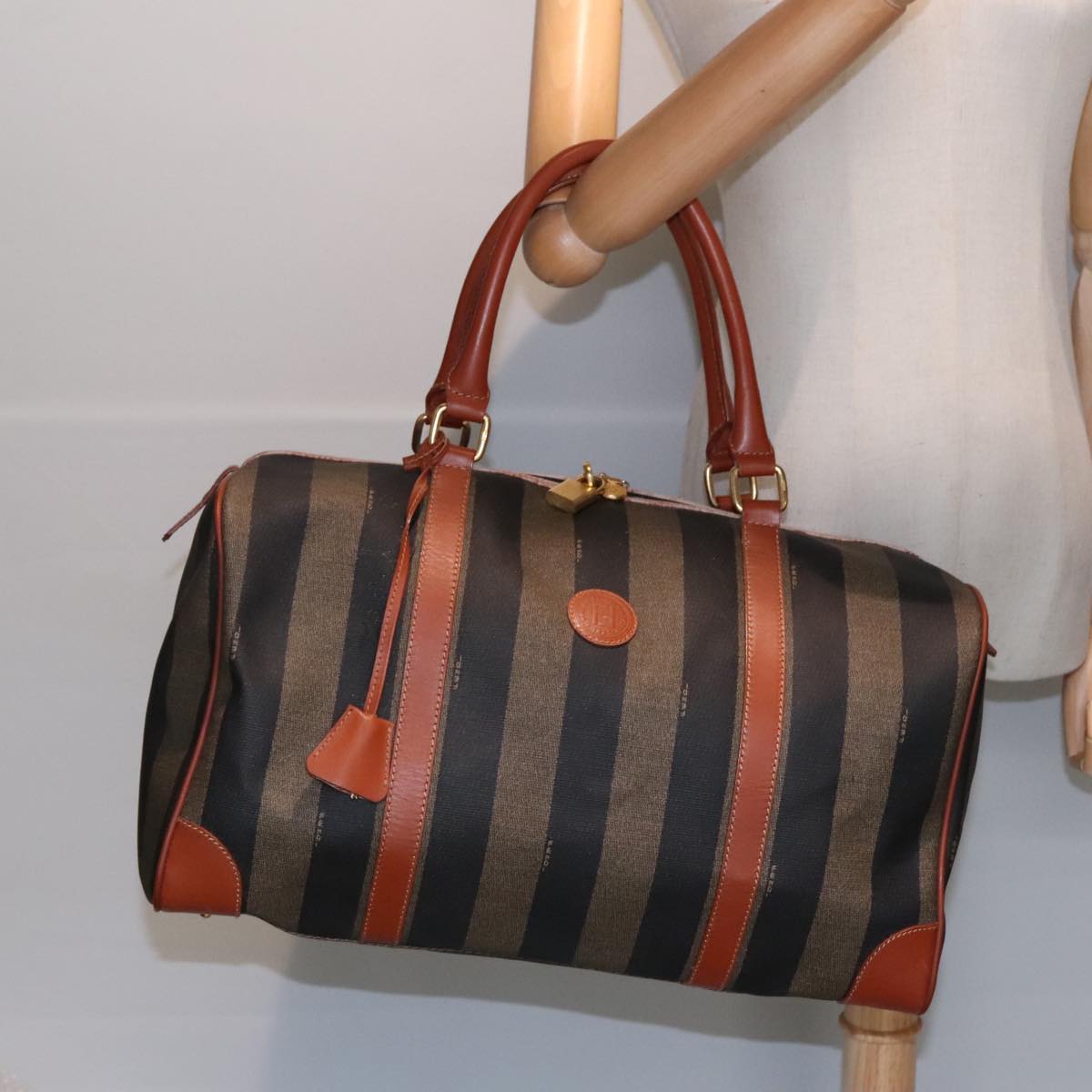 FENDI Pecan Canvas Boston Bag Brown Black gold yk14862