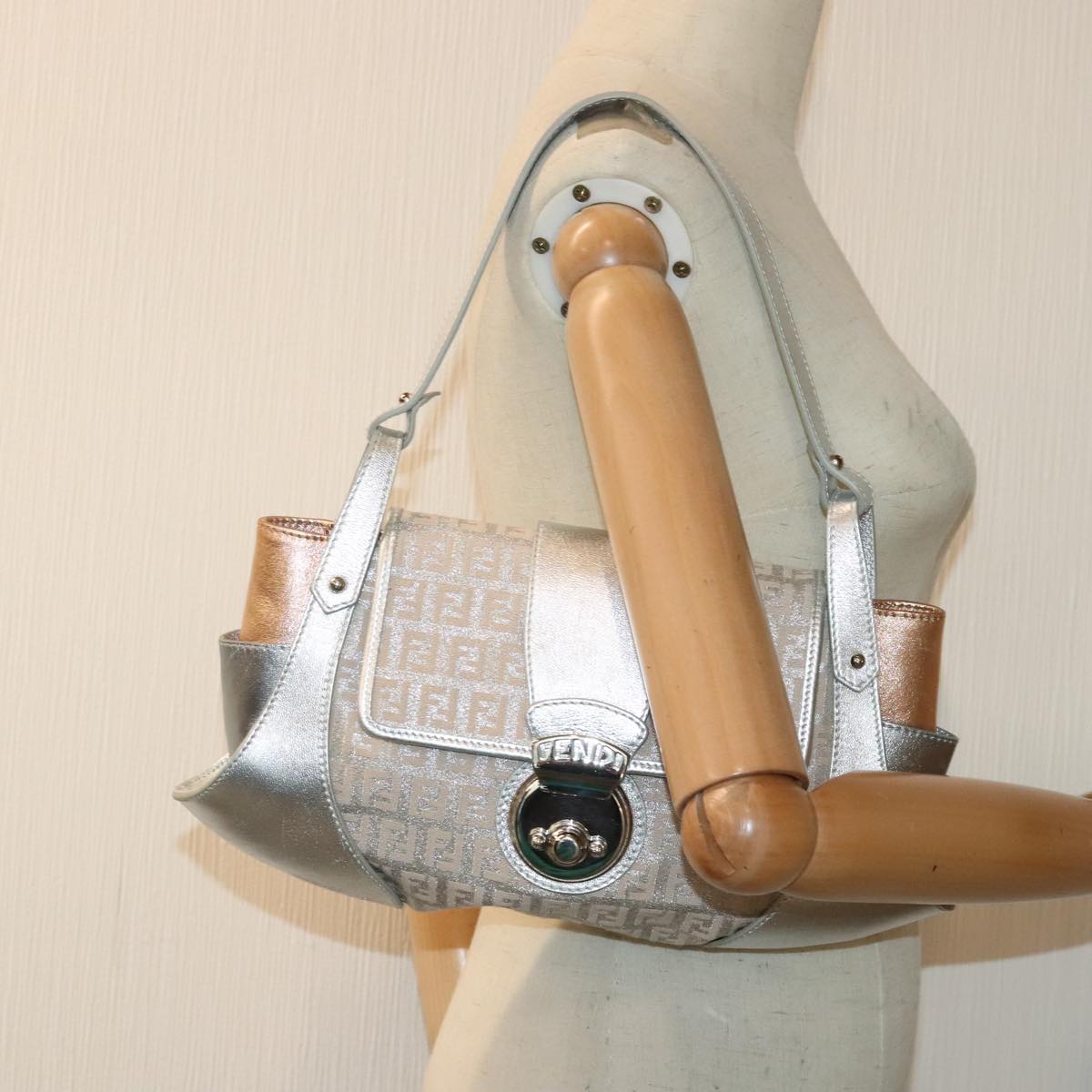 FENDI Zucchino Canvas Hand Bag Silver Black yk14936
