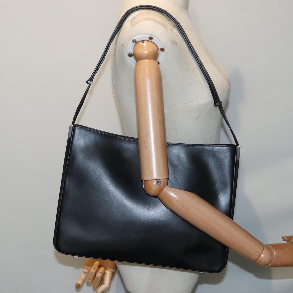 GUCCI Shoulder Bag Leather Black Silver yk14966