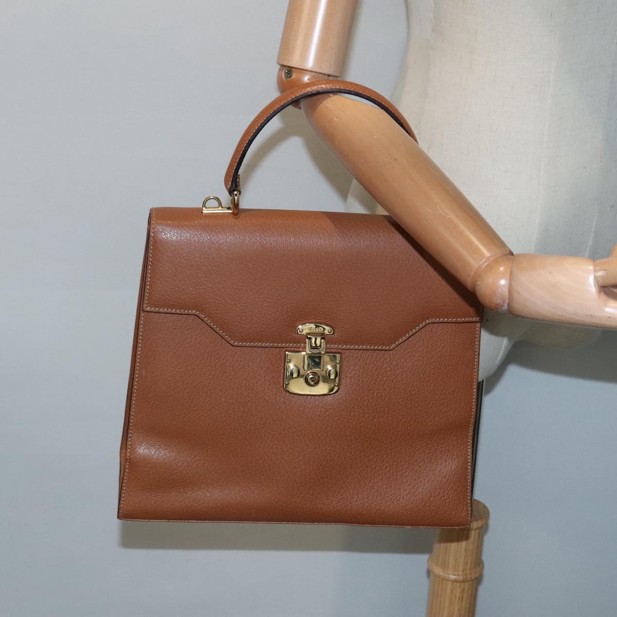 GUCCI Ready lock Hand Bag Leather Brown Gold yk15154