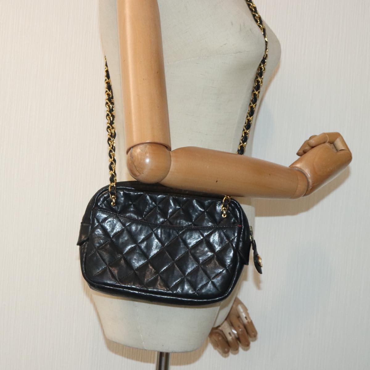 CHANEL Matelasse Chain Shoulder Bag Lamb Skin Black Gold CC yk15180
