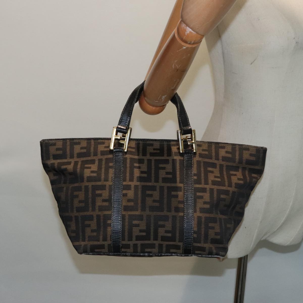 FENDI Zucca Canvas Mamma Baguette Hand Bag Black Gold Brown yk15394