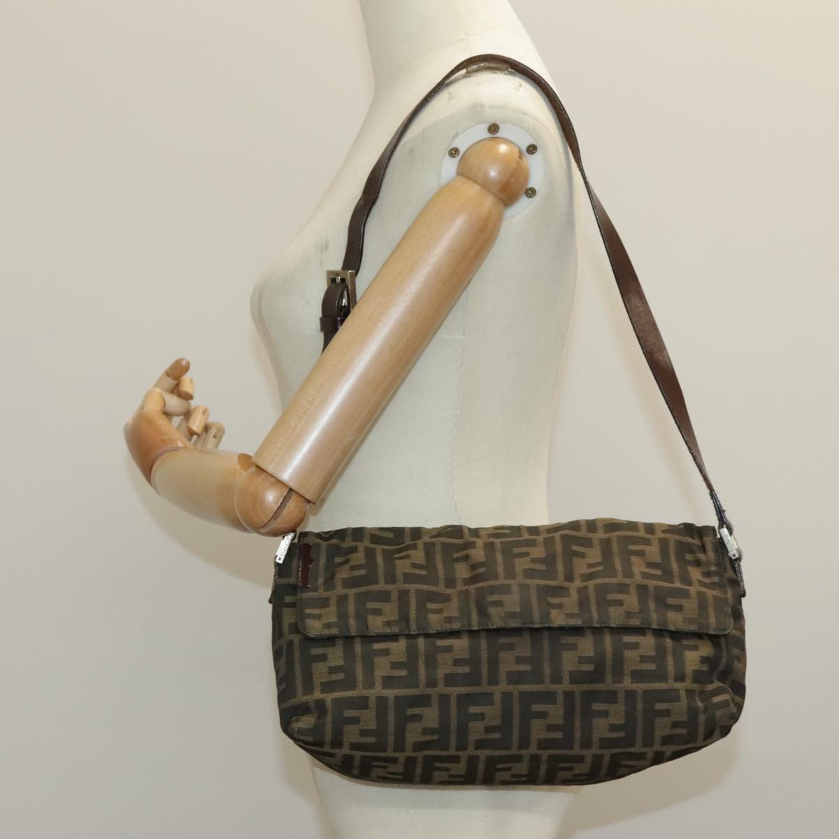 FENDI Zucca Canvas Shoulder Bag Brown Black Silver yk15522
