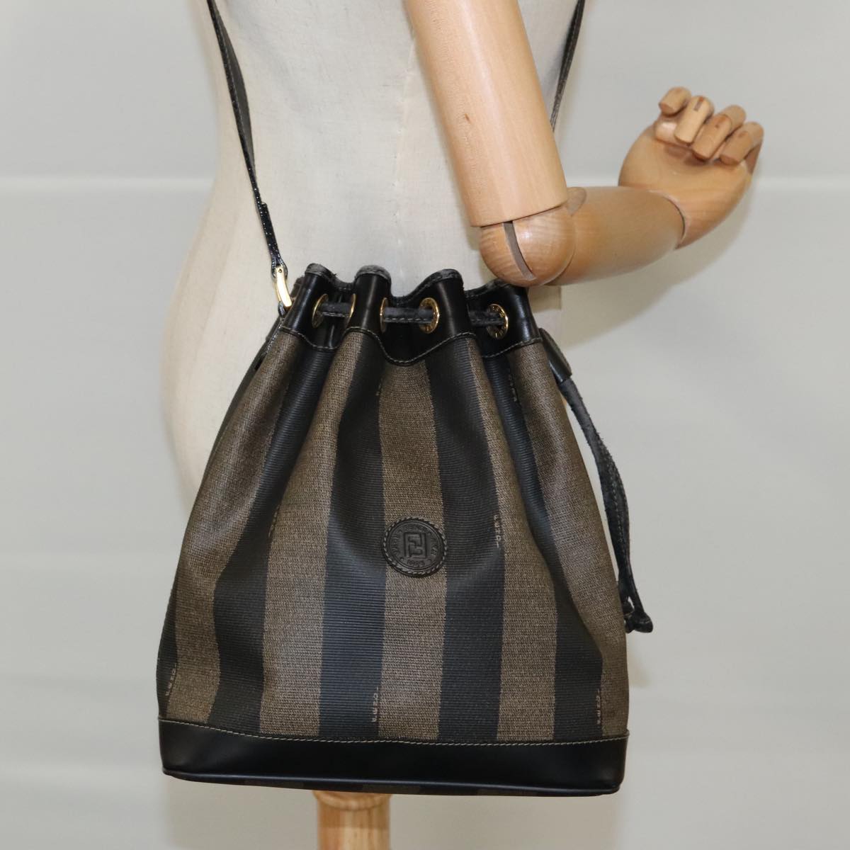 FENDI Pecan Canvas Shoulder Bag Brown Black yk15568
