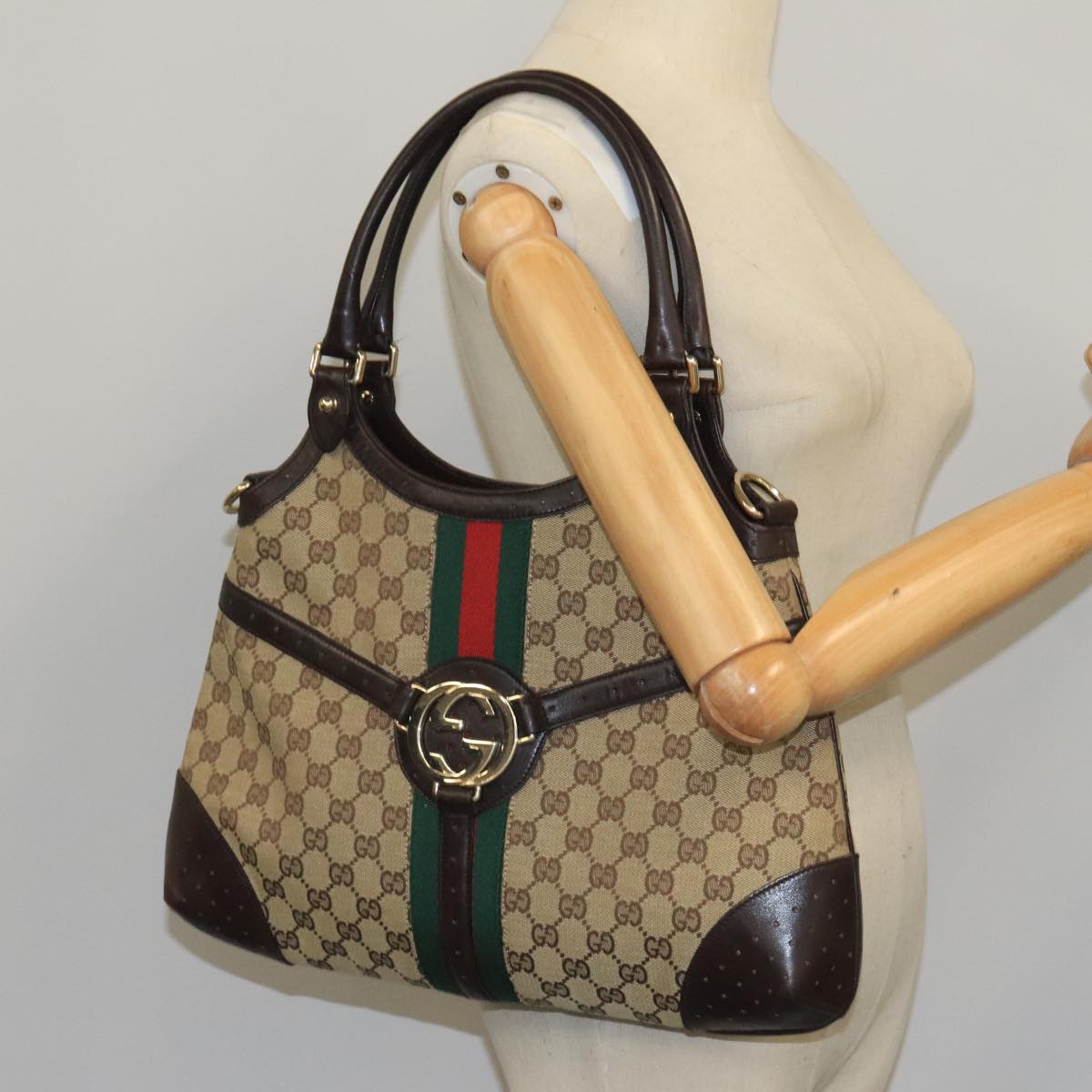 GUCCI GG Canvas interlocking Web Sherry Line Hand Bag White 114875 yk15870