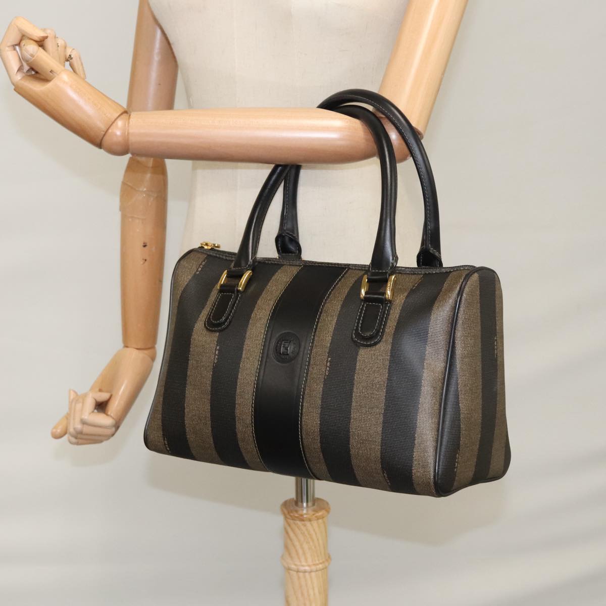 FENDI Pecan Canvas Hand Bag Brown Black yk16619