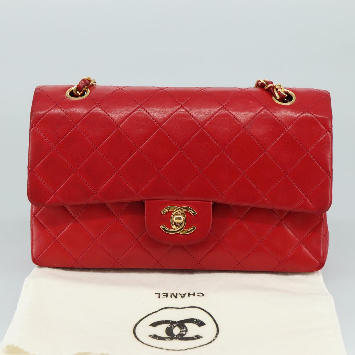CHANEL Matelasse 25 Chain Hand Bag Lamb Skin Red Gold CC yk16697