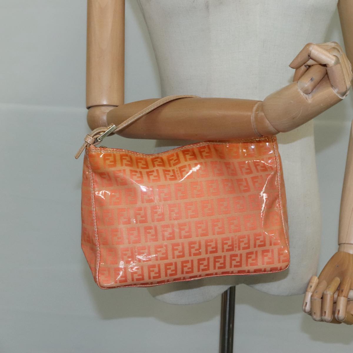 FENDI Zucchino Canvas Hand Bag Enamel Orange Gold yk17094