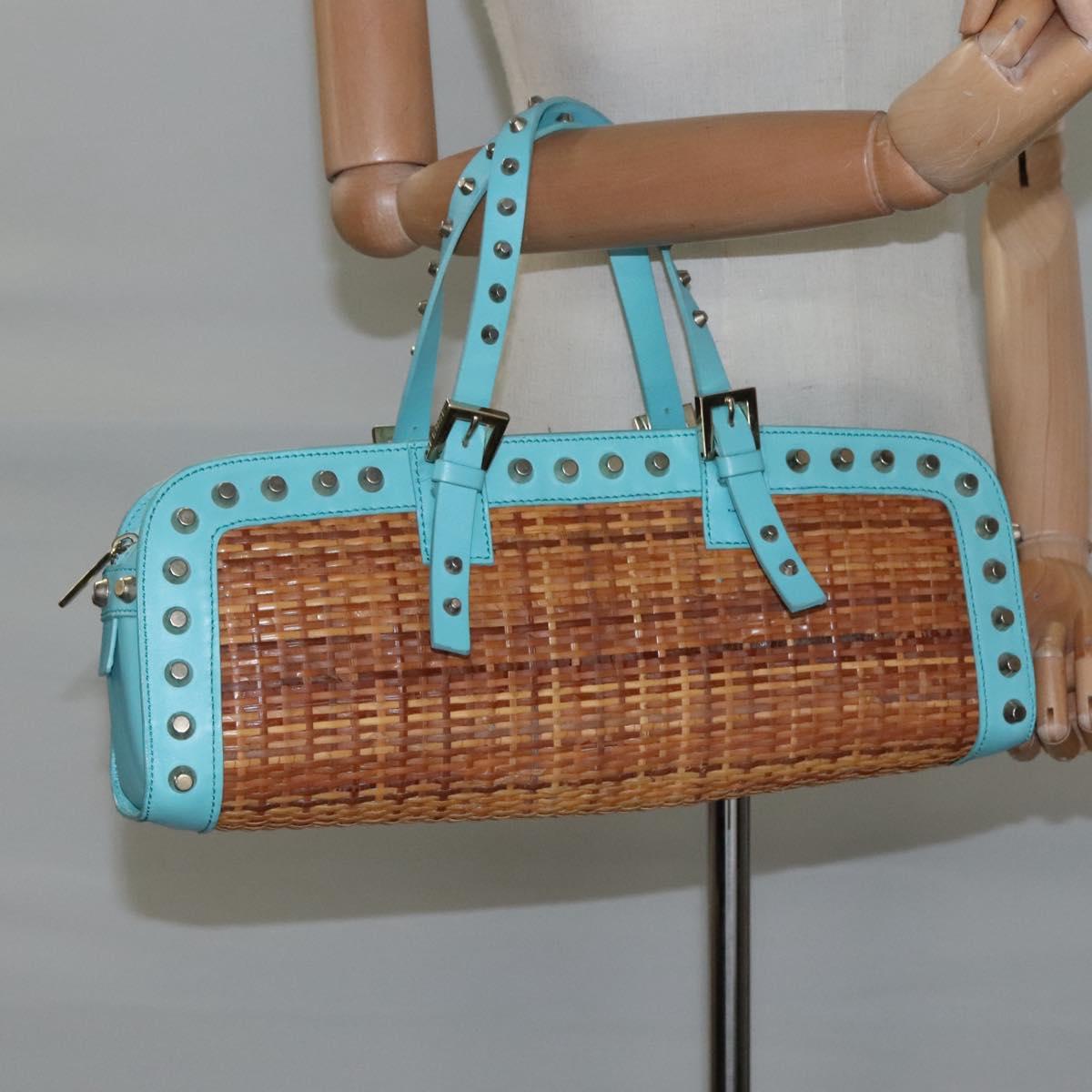 FENDI Studs Hand Bag Straw Beige Gold yk17312