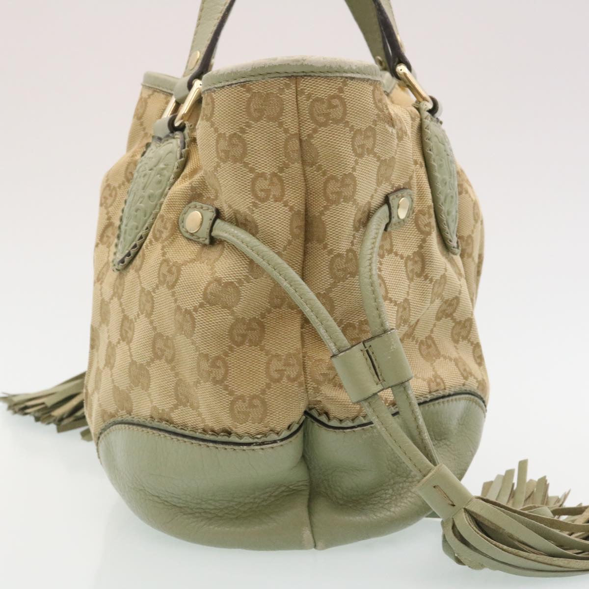 GUCCI GG Canvas Tote Bag Fringe Beige Green yk3822