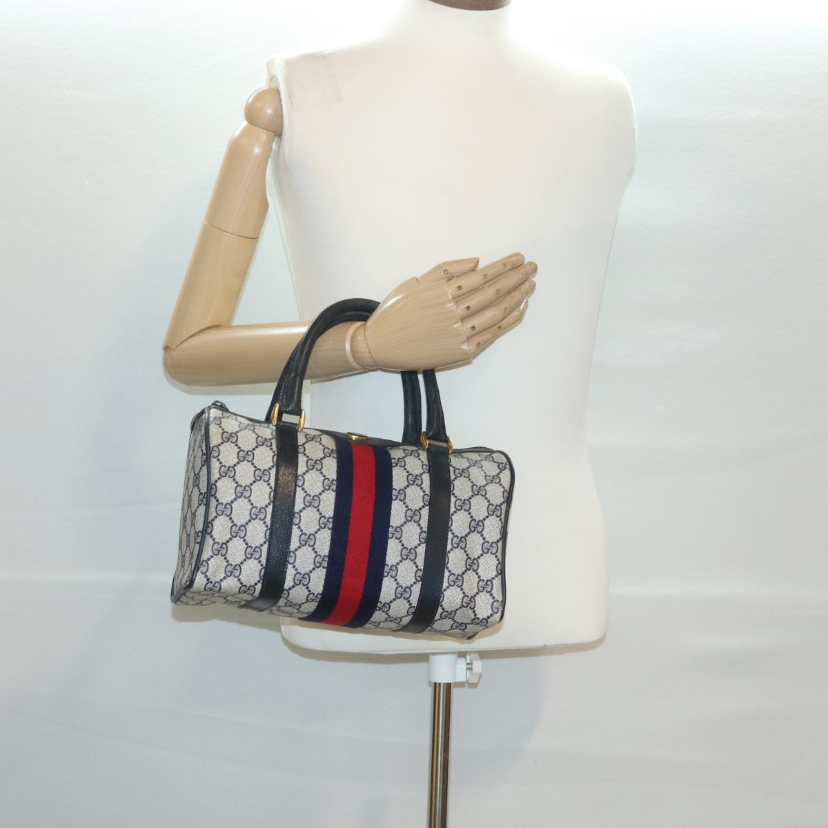 GUCCI Sherry Line GG Canvas Boston Bag PVC Leather Navy Red yk5679B