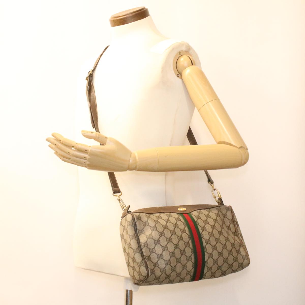 GUCCI Web Sherry Line GG Canvas Shoulder Bag PVC Leather Beige Red yk5803B