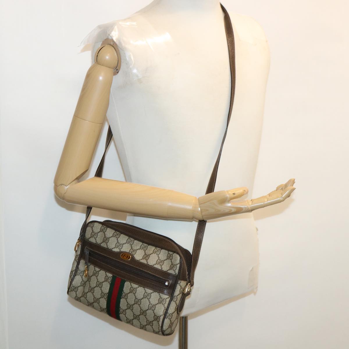 GUCCI GG Canvas Web Sherry Line Shoulder Bag PVC Leather Beige Red yk5884B