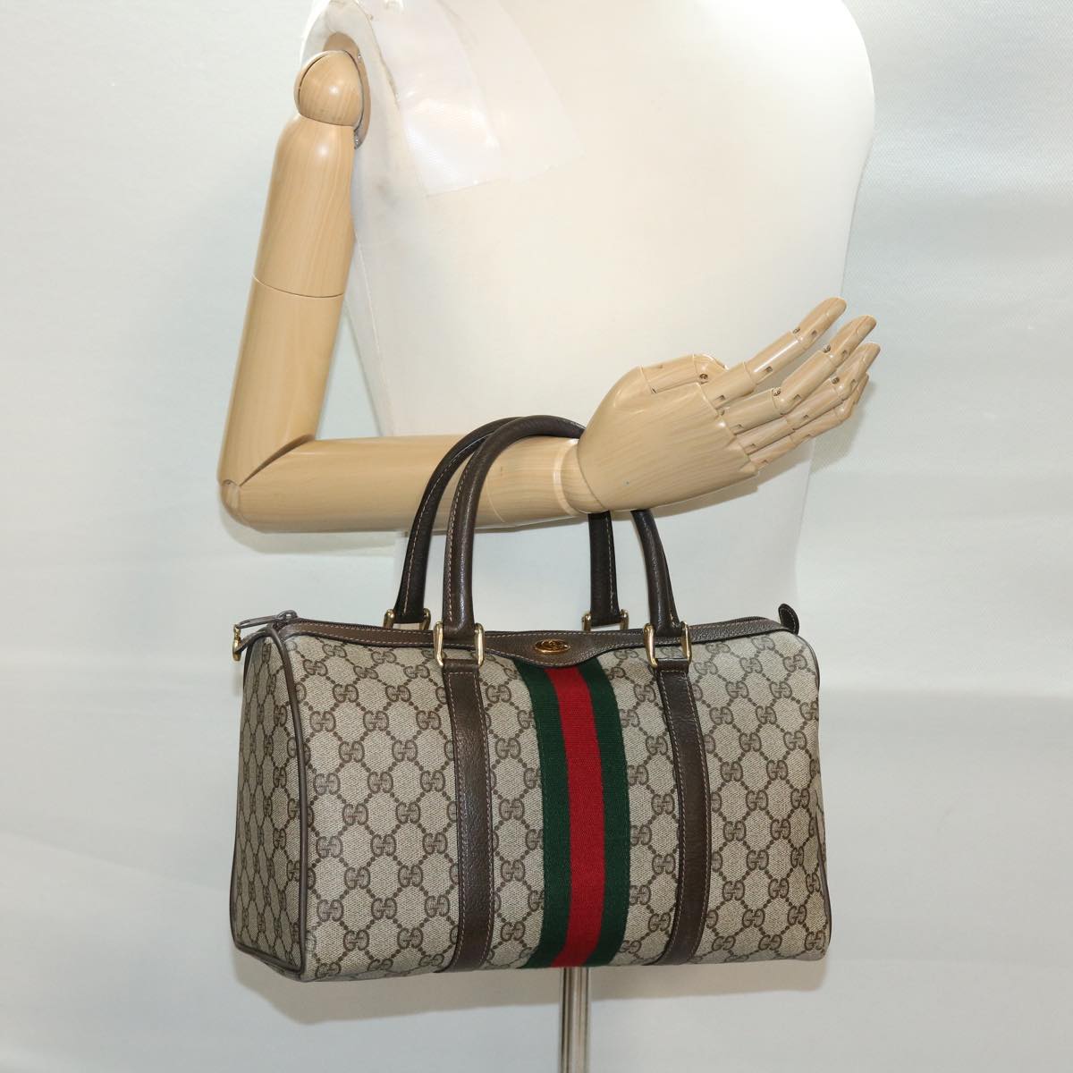GUCCI GG Canvas Web Sherry Line Boston Bag PVC Leather Beige Green yk6588B