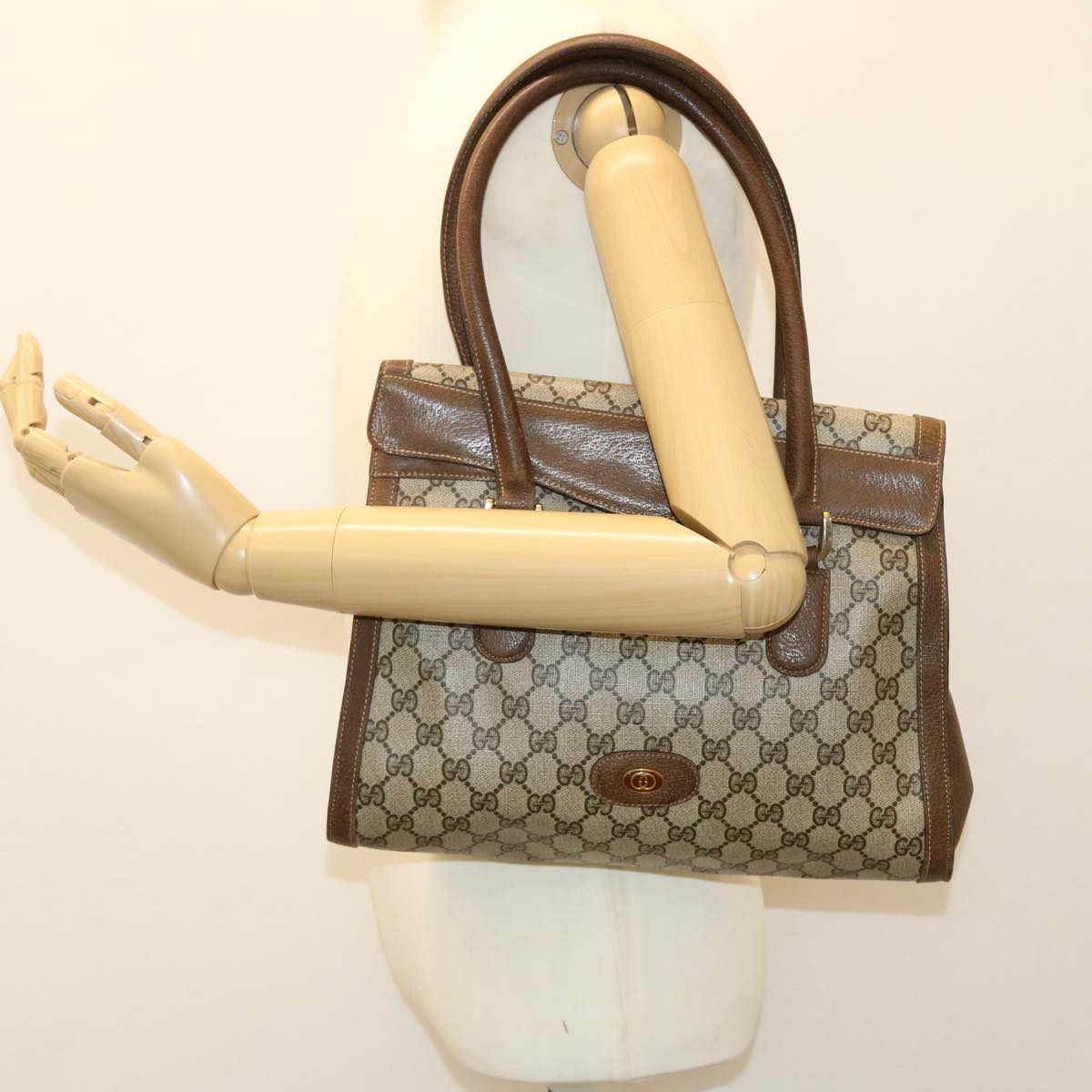 GUCCI GG Canvas Hand Bag PVC Leather Beige yk7052B