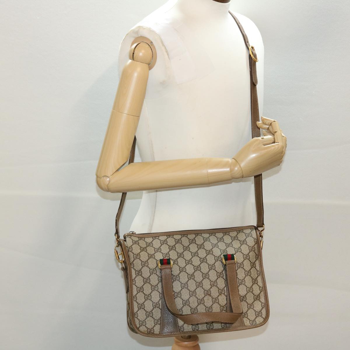 GUCCI GG Canvas Web Sherry Line Hand Bag 2way Beige Red 41.02.039 yk7111