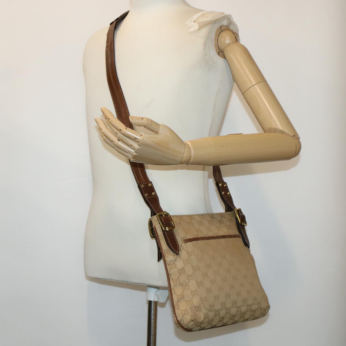 GUCCI GG Canvas Shoulder Bag Leather Beige 115514 yk7361