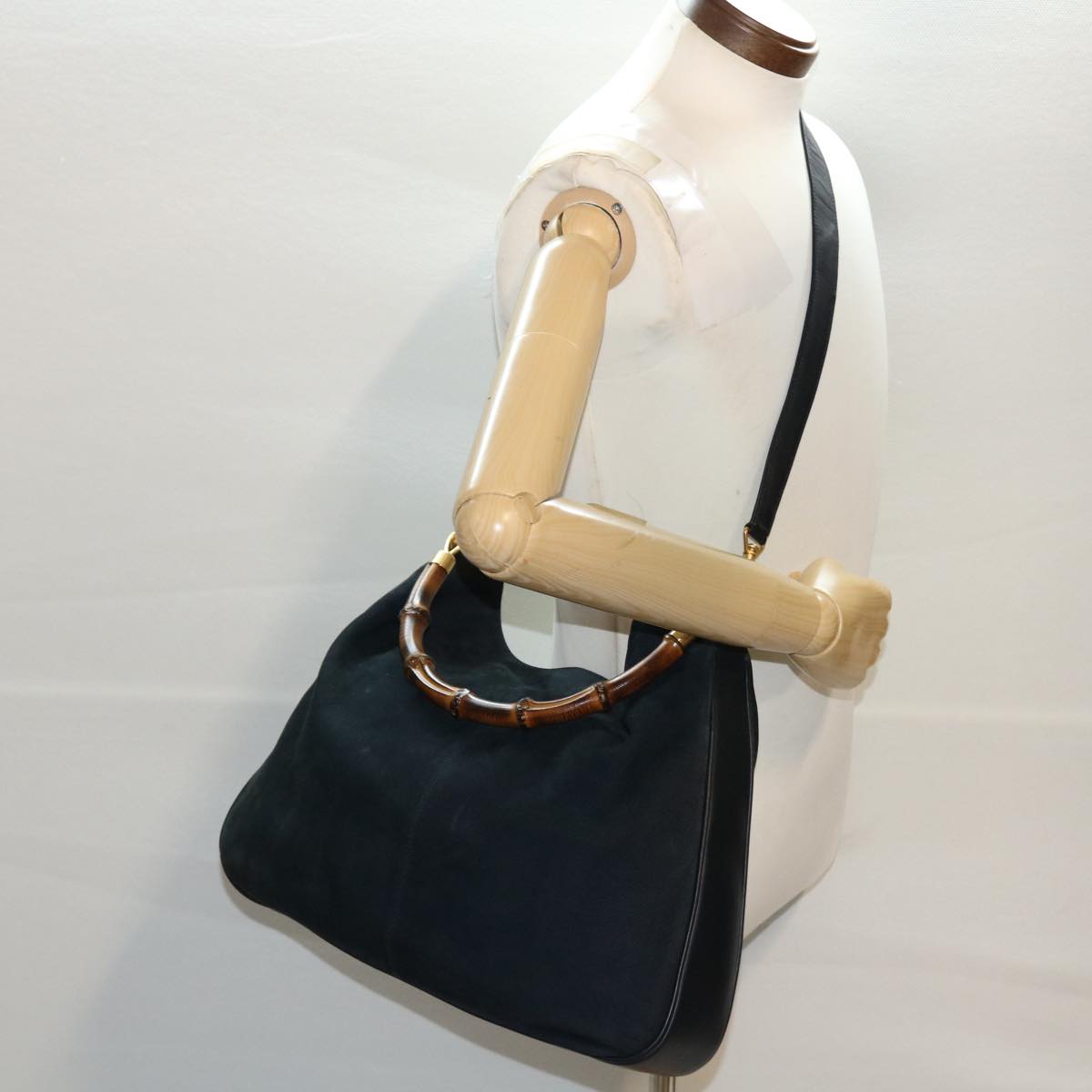 GUCCI Bamboo Shoulder Bag Suede 2way Navy yk7417